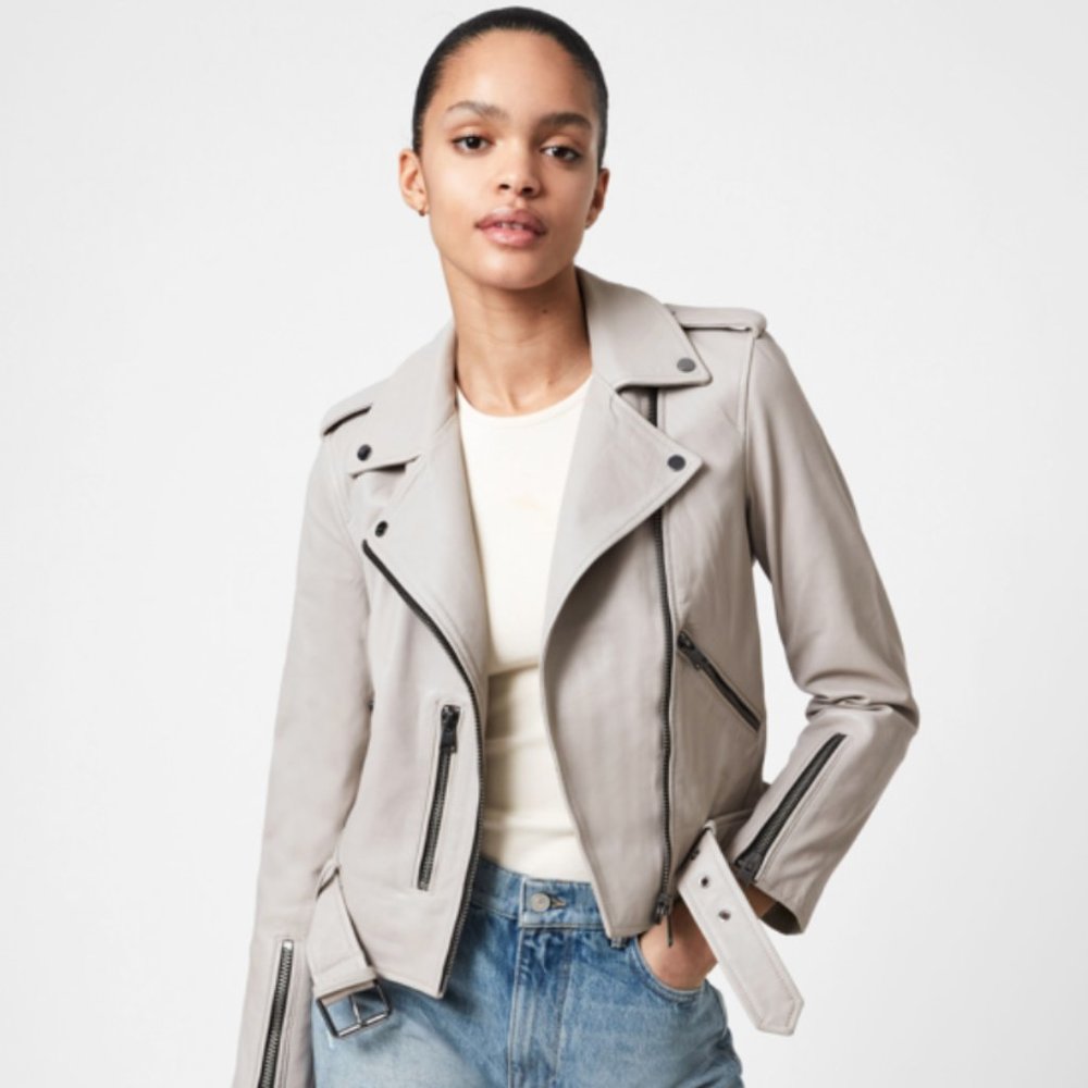 allsaints balfern leather biker jacket coat gray